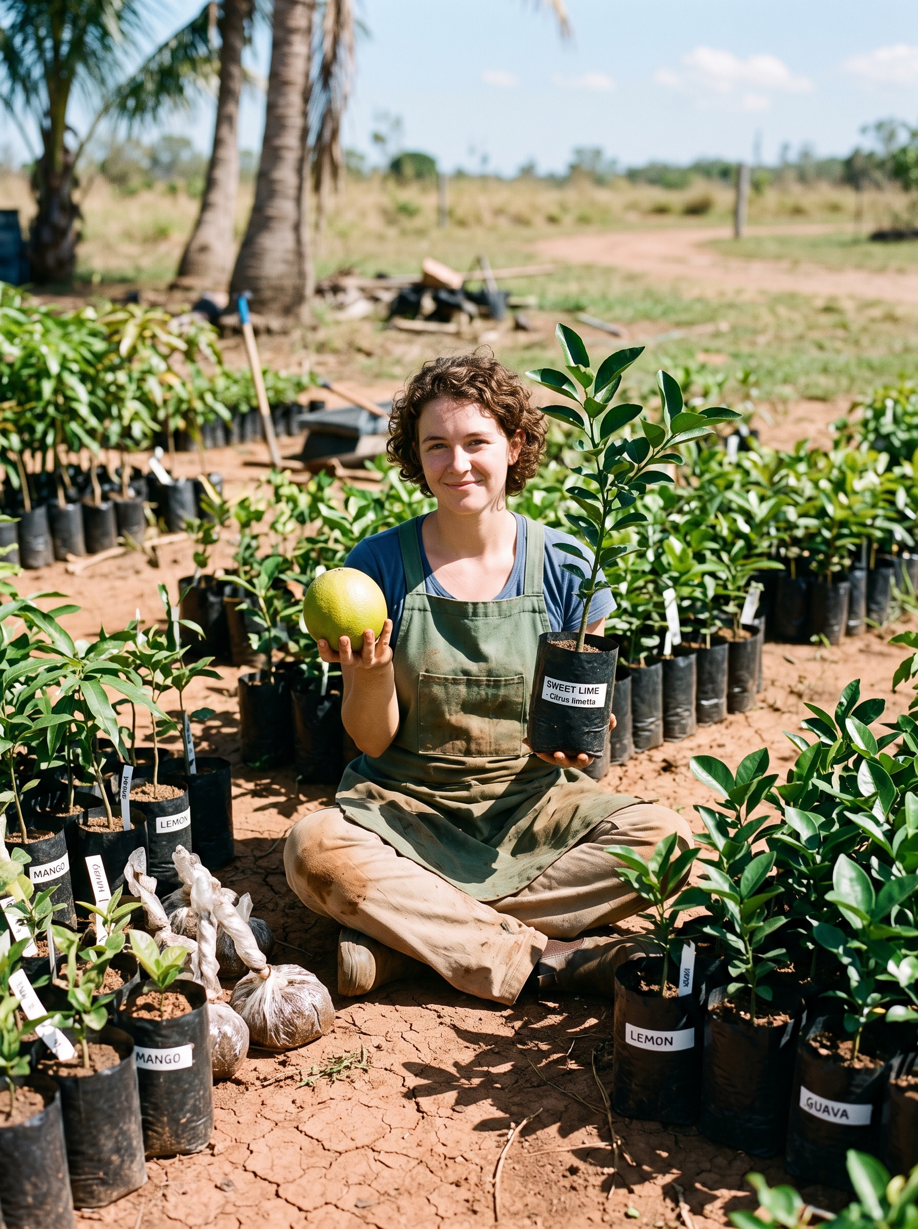 A nursery worker sits cross-legged on dry reddish soil, g...