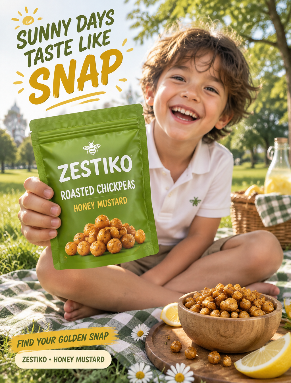 生成一张 4:5 竖版生活方式广告海报成品图，品牌为虚构零食品牌「ZESTIKO」。核心产品：真实的草绿色可重复密...