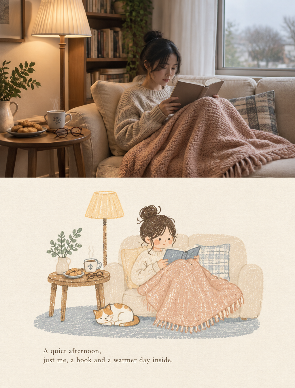 【场景设定】竖版 3:4「实景照片 + 极简插画」记忆卡。场景：周末午后的客厅阅读角，一人窝在米色沙发里盖着针织毯...