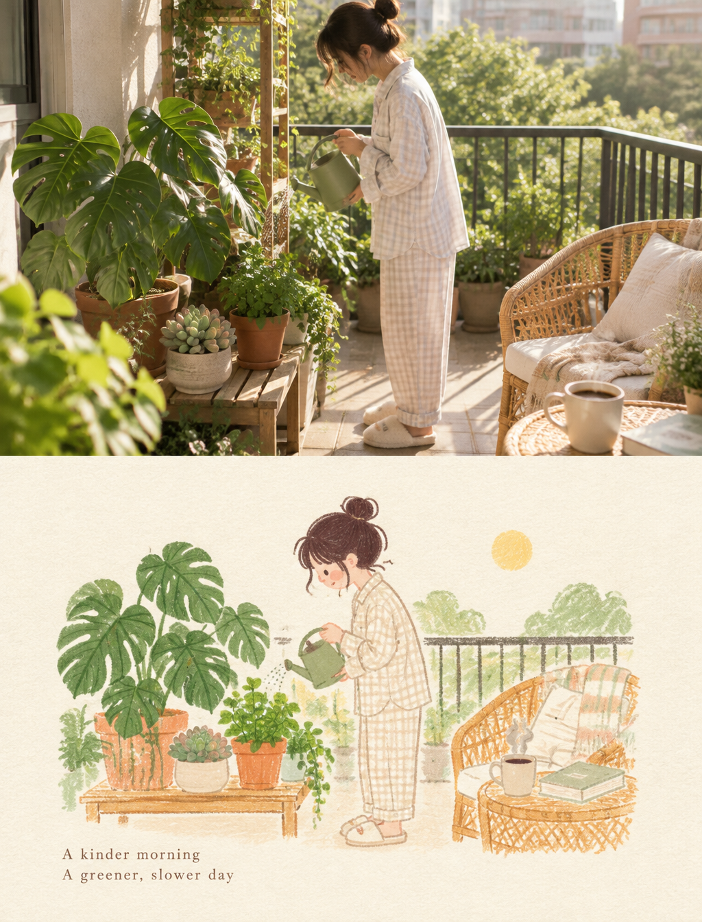 【场景设定】竖版 3:4「实景照片 + 明亮生活化插画」记忆卡。场景:清晨的小阳台,一人穿着家居服拿着浇水壶给一排...