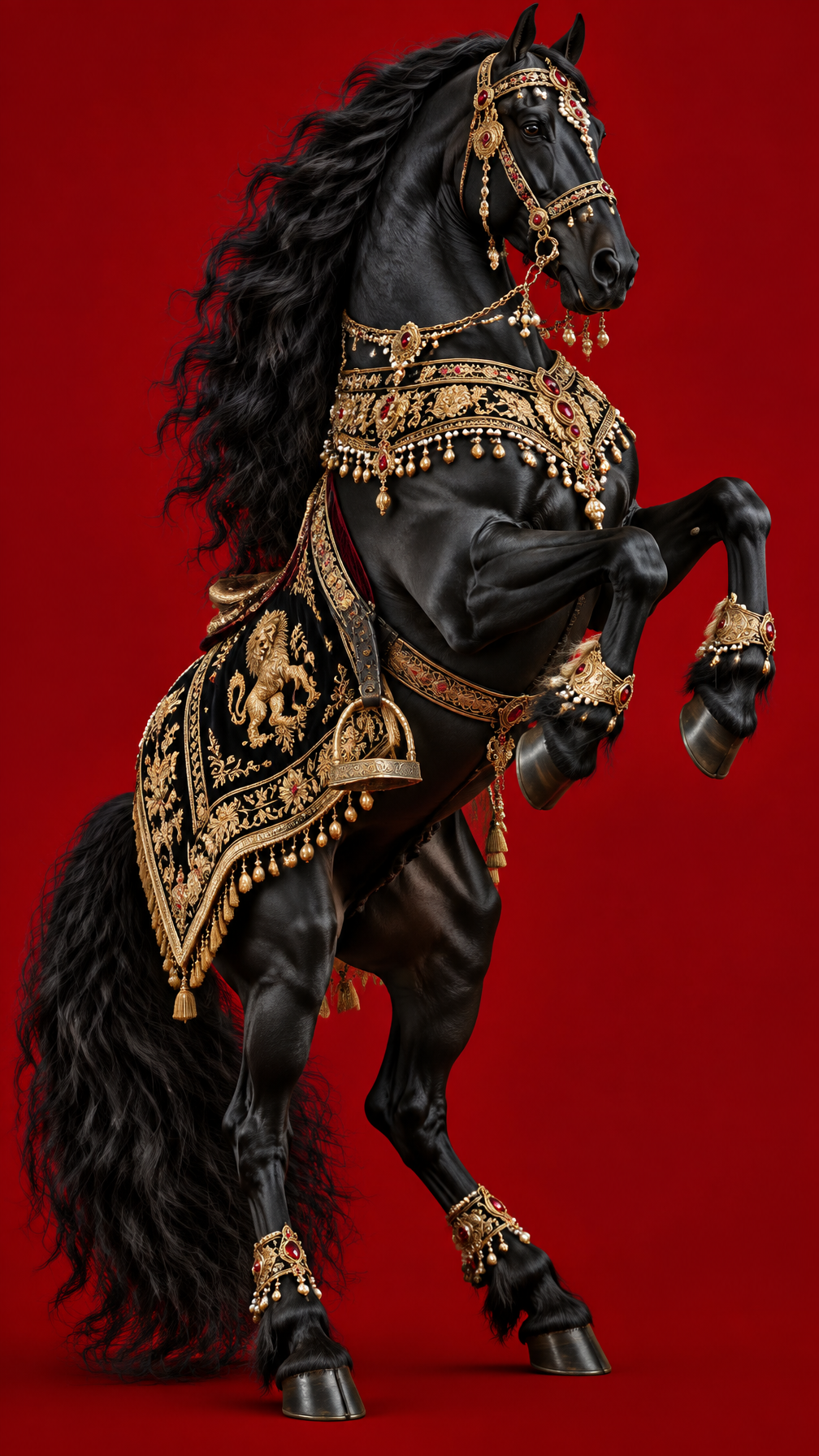 A majestic powerful black Friesian horse rearing dramatic...