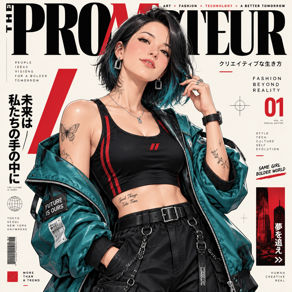 Ultra-detailed anime/editorial magazine cover illustratio...