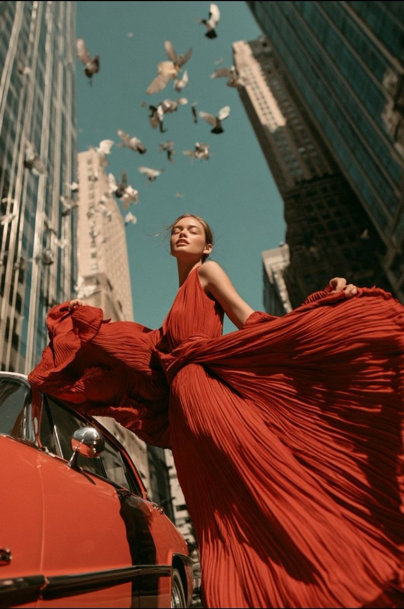 A striking high-fashion editorial photographed from an ex...