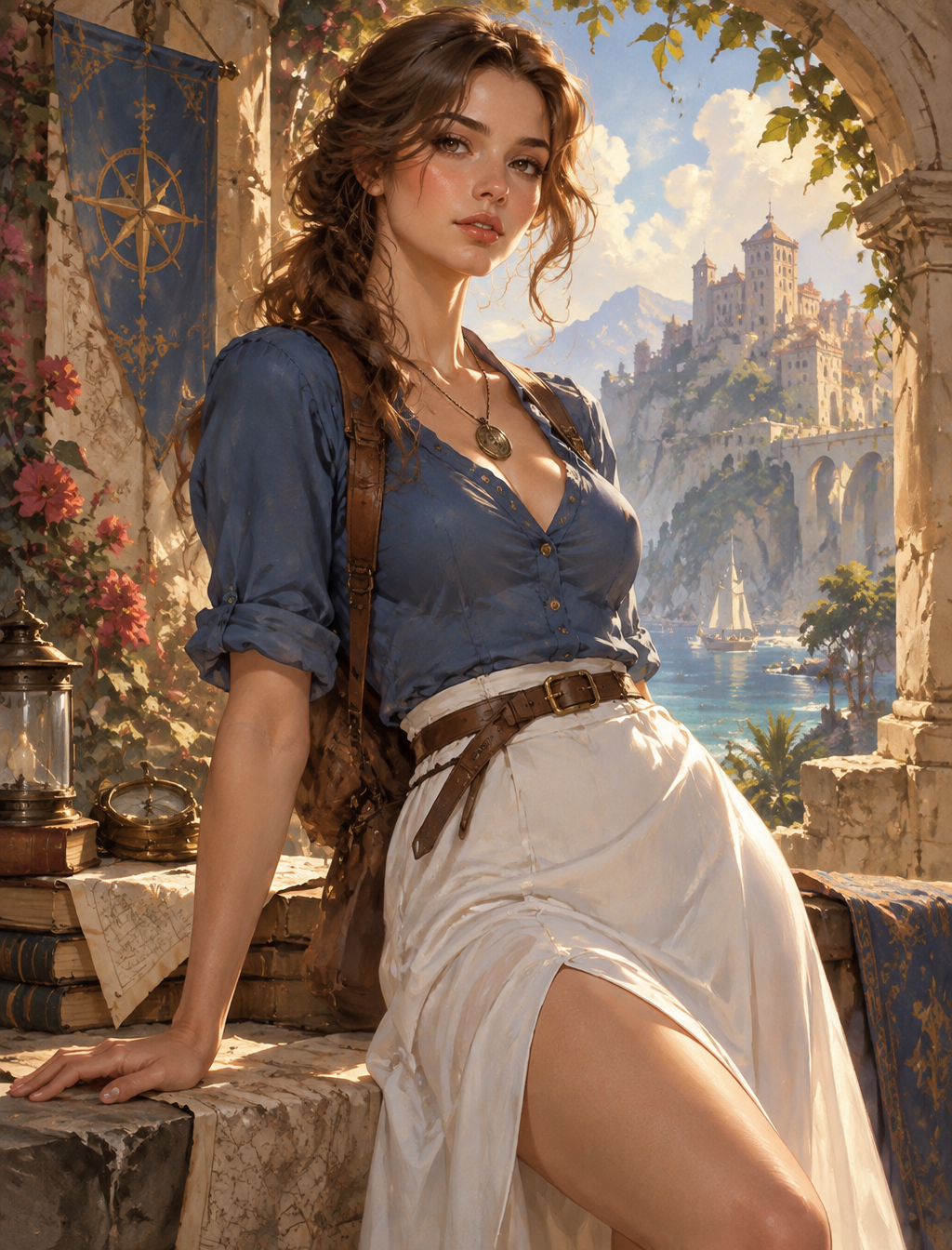 Gorgeous woman in blue top with white skirt; Ben Bauchau,...