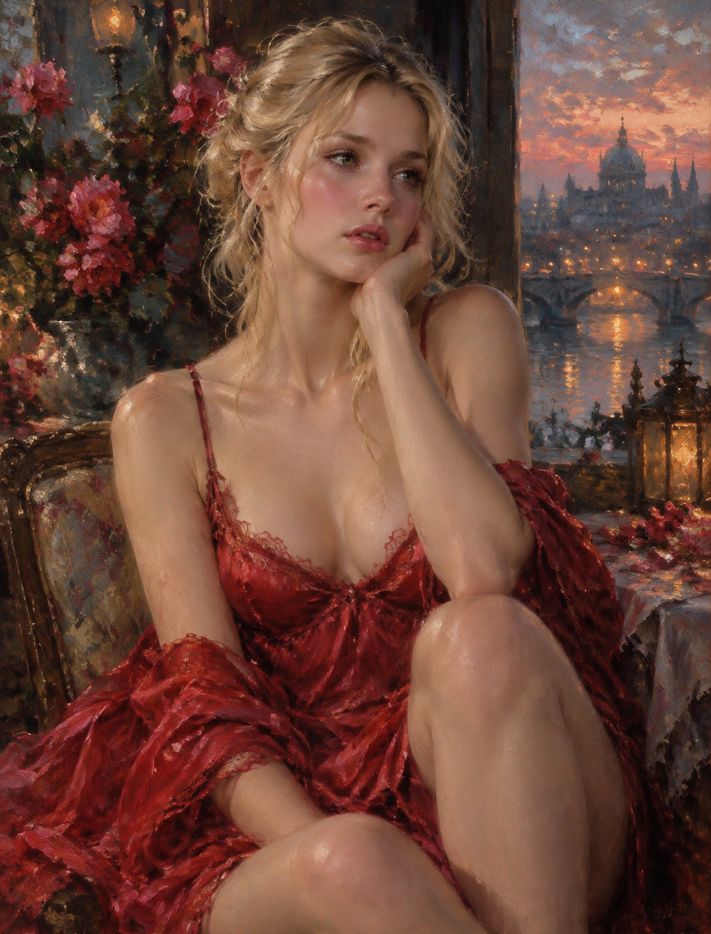 Pretty lady with blonde hair, impressionist portrait, imp...