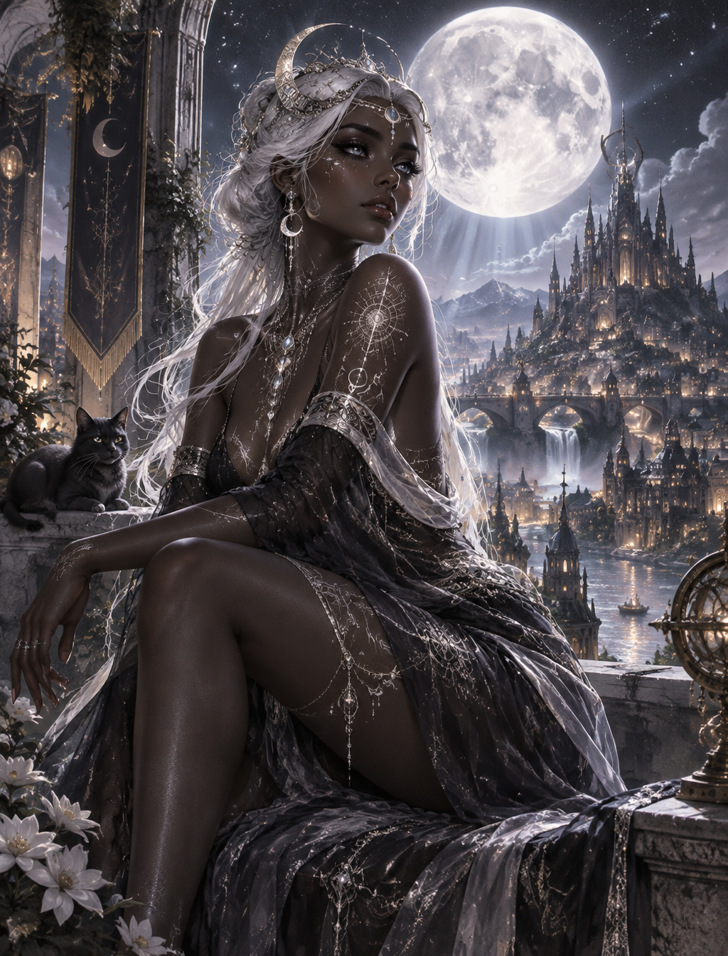 Beautiful dark moon goddess covered in nightly glow with ...