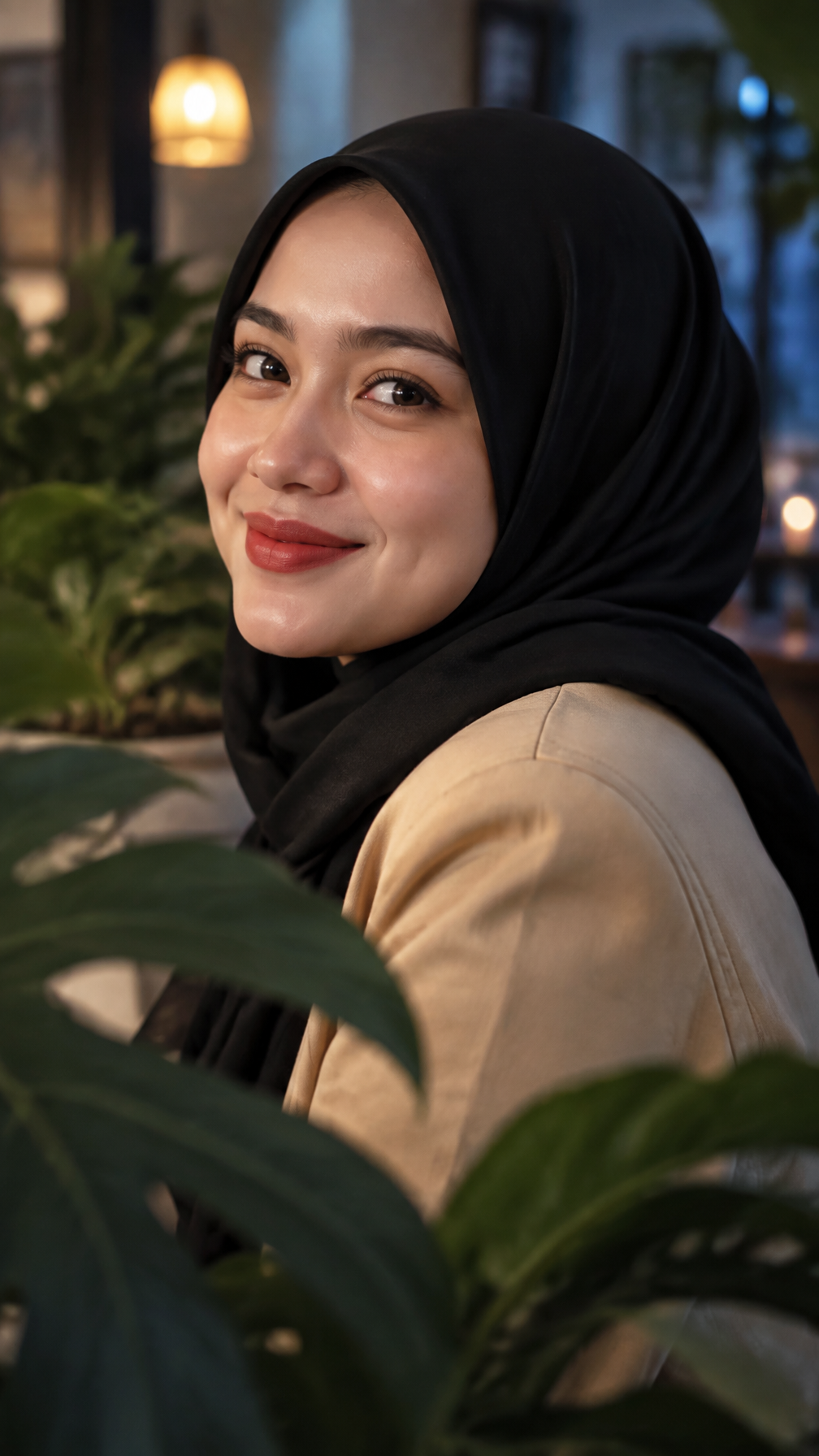 A smiling woman in a black hijab and warm beige jacket tu...