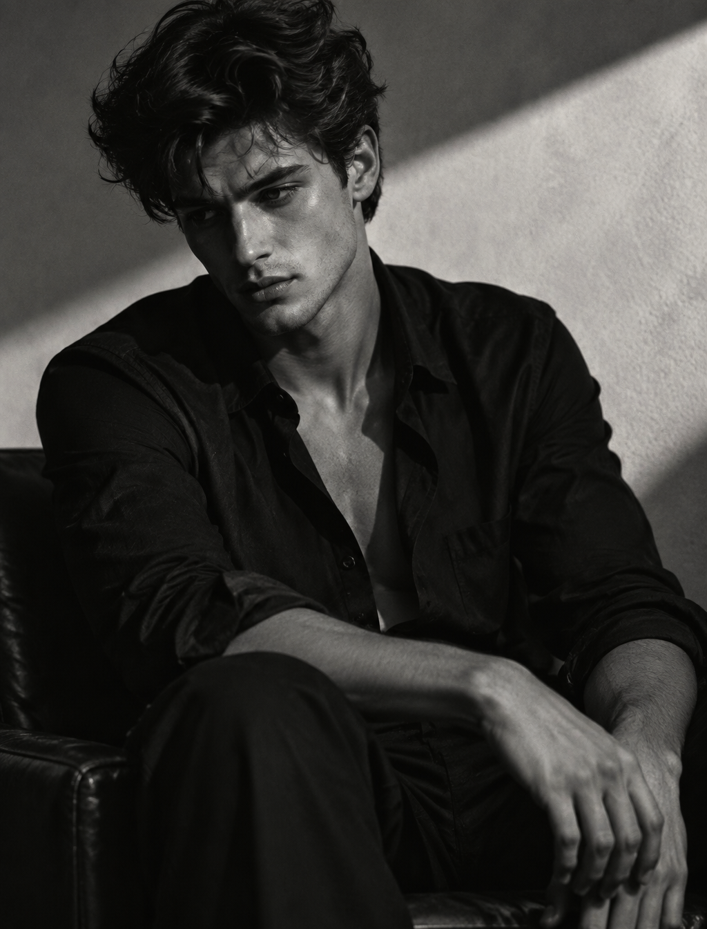 Ultra-realistic cinematic black-and-white editorial portr...