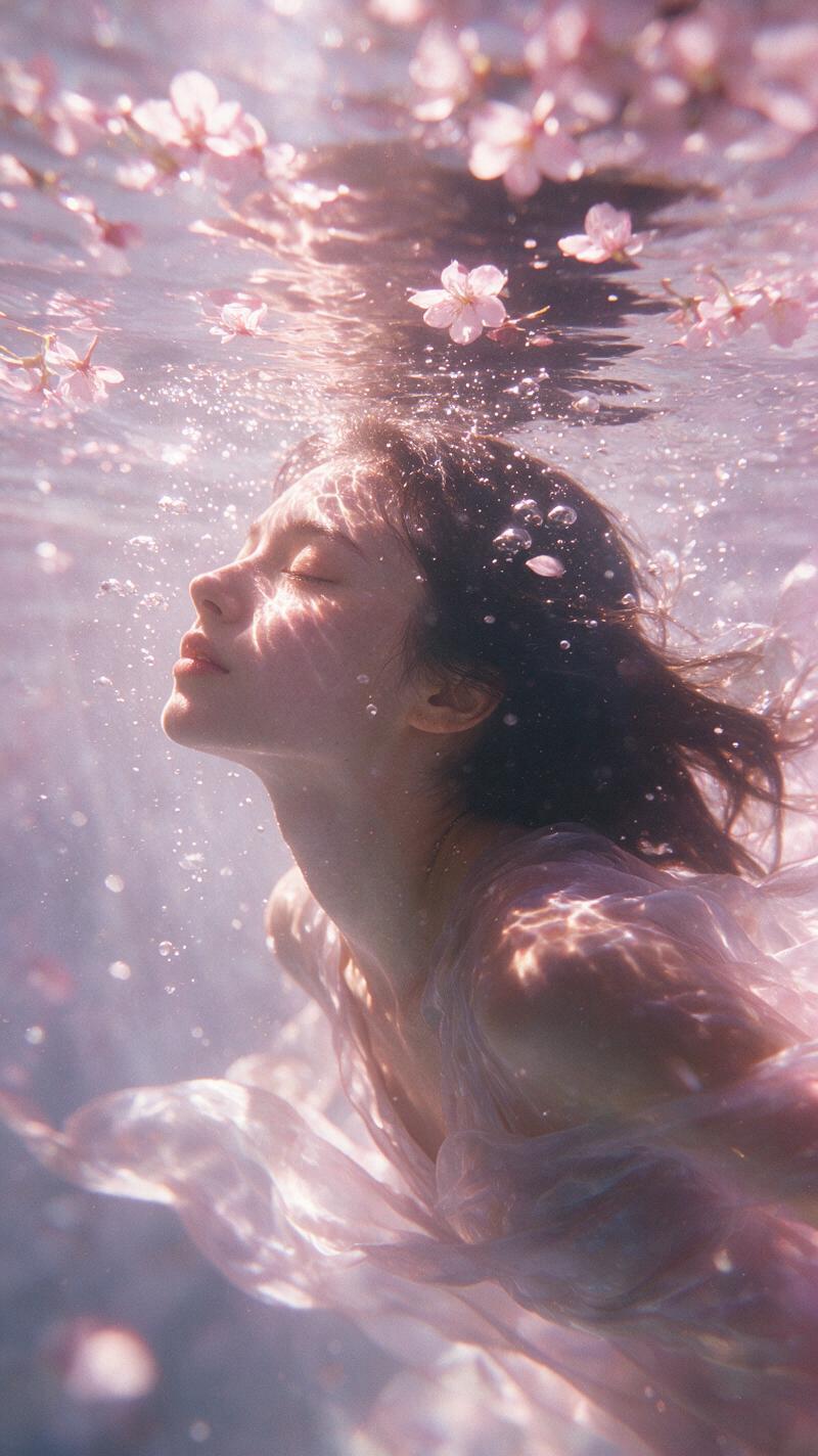 A cinematic ethereal underwater portrait of a young adult...
