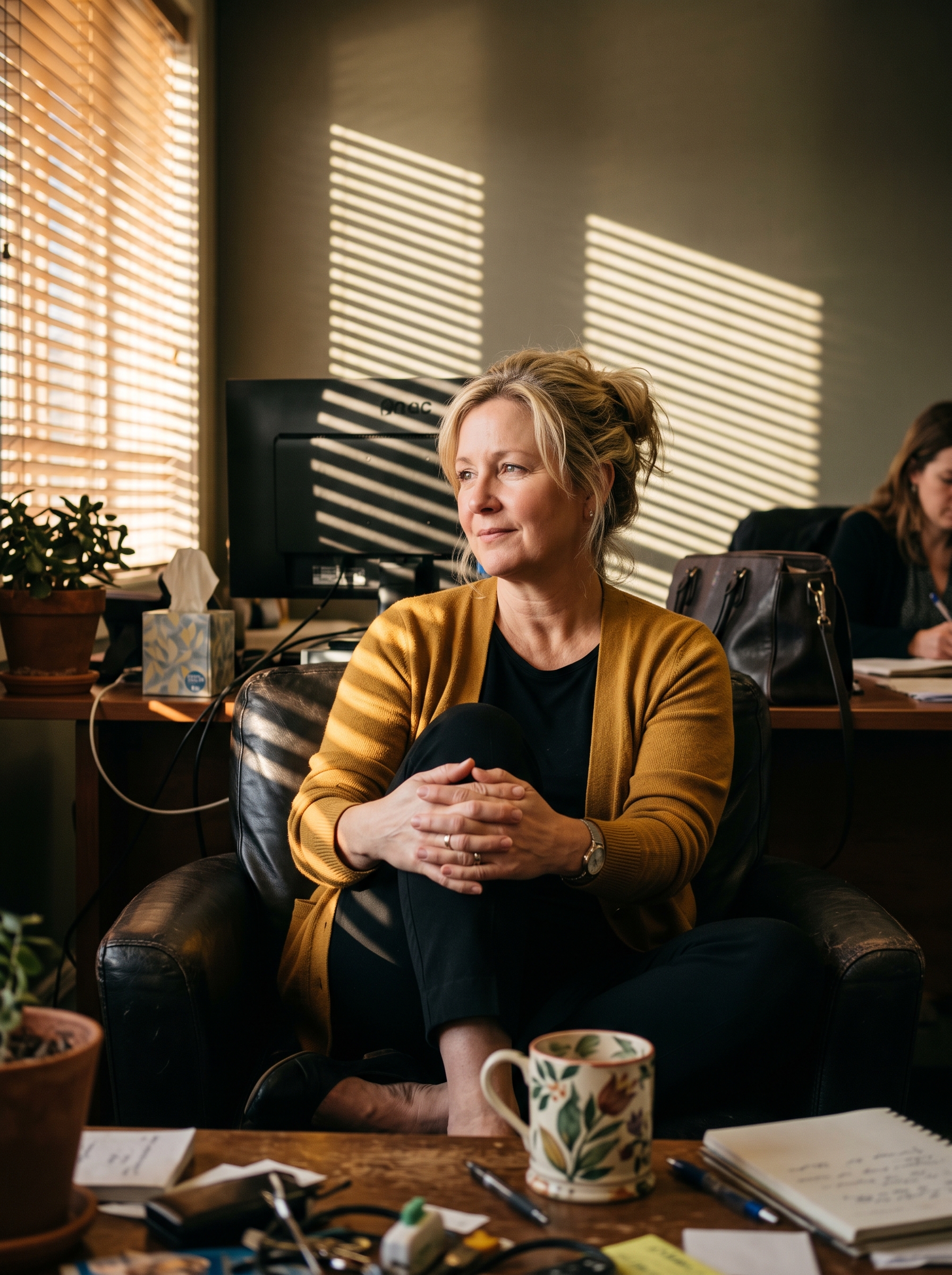 A middle-aged woman with loosely gathered blonde hair sit...