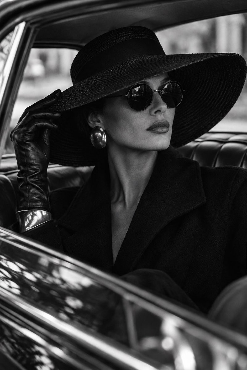Elegant woman sitting inside a classic luxury car, wearin... - alternate