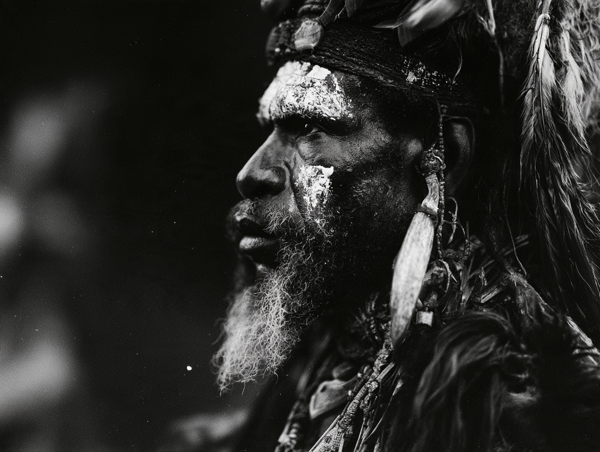 Asmat chief with white tribal face paint, wearing buffalo...