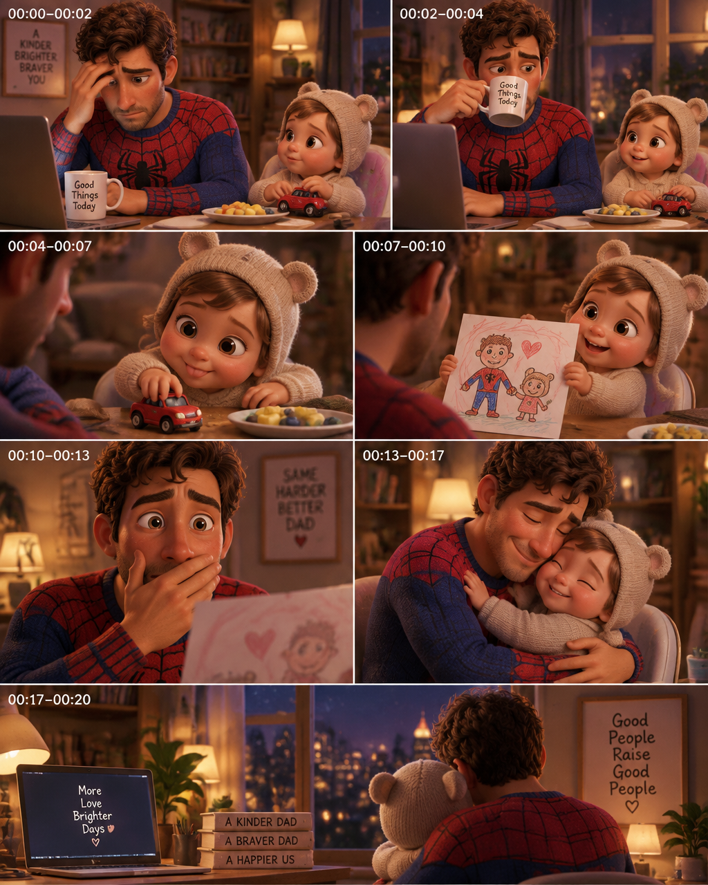 Create a heartwarming 20-second cinematic 3D animated fam...