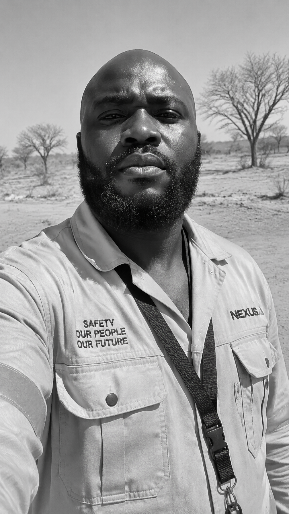 A Black man with a shaved head and full textured beard fa...