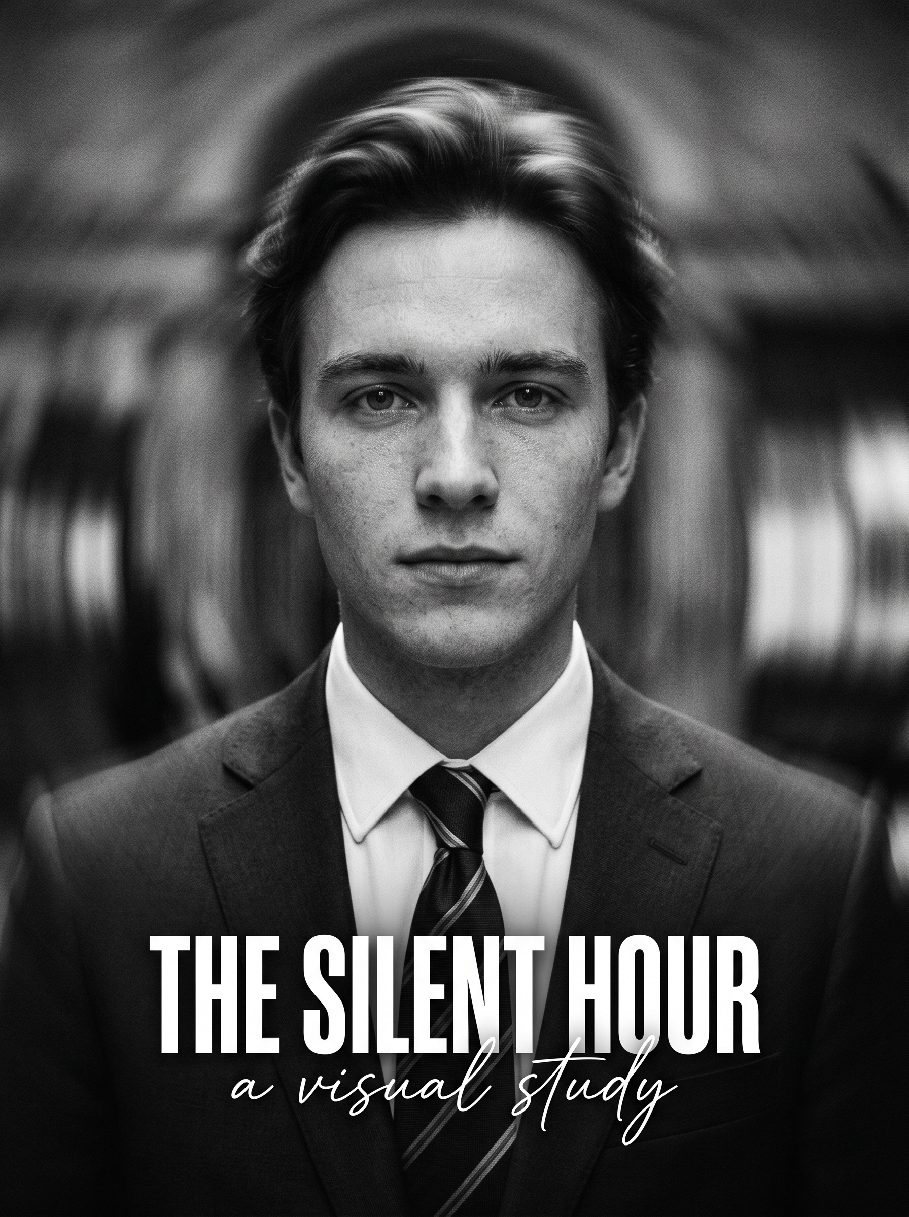 A close-up monochrome portrait of a young man in a dark t...