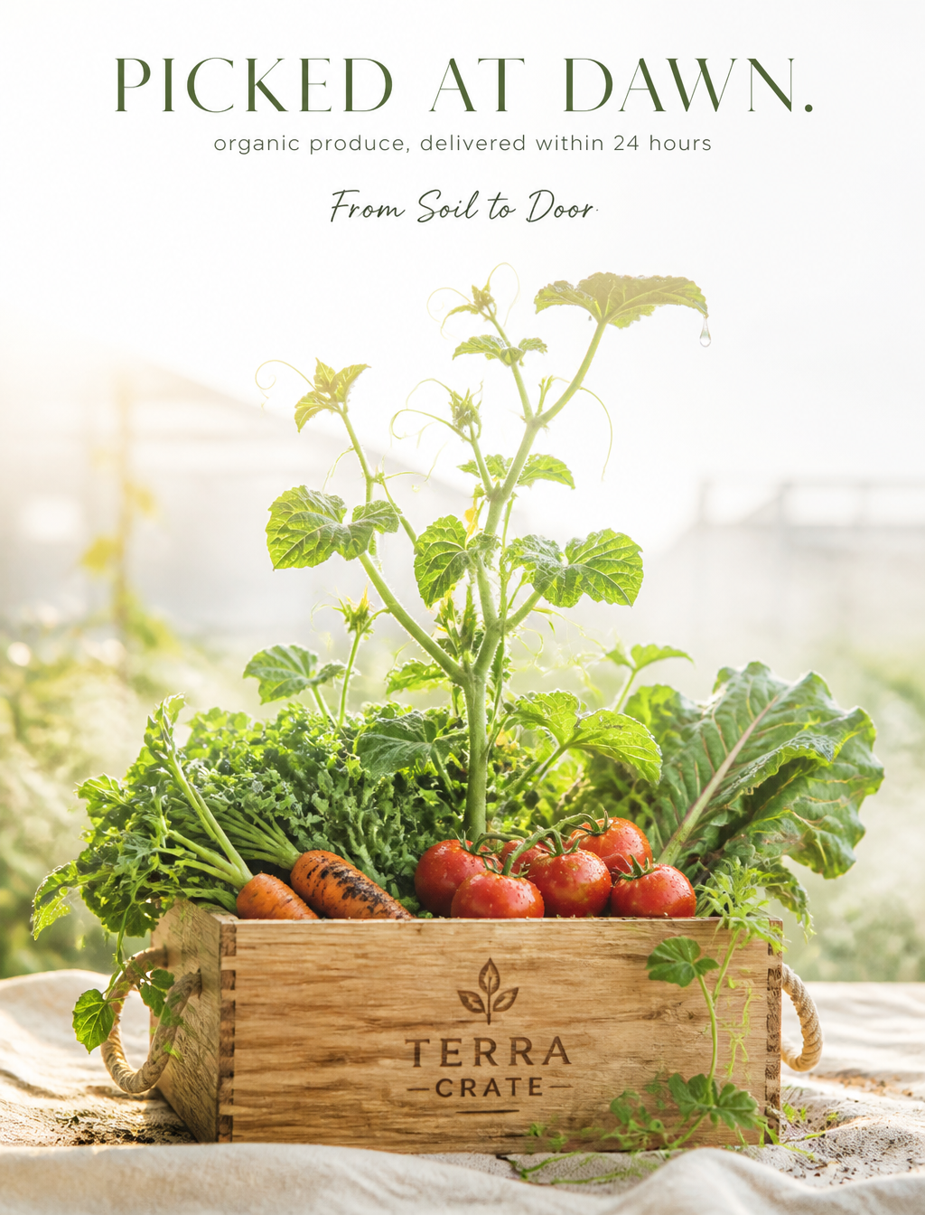 【任务 Task】为虚构有机蔬果订阅品牌 "TERRA CRATE" 打造戛纳级品牌海报，核心概念：From So...