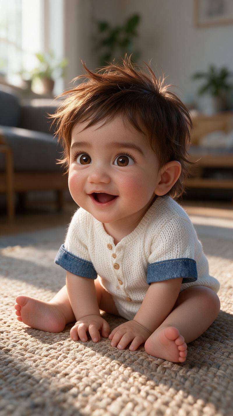 [UPLOAD YOUR IMAGE] A cheerful stylized 3D toddler sits b...