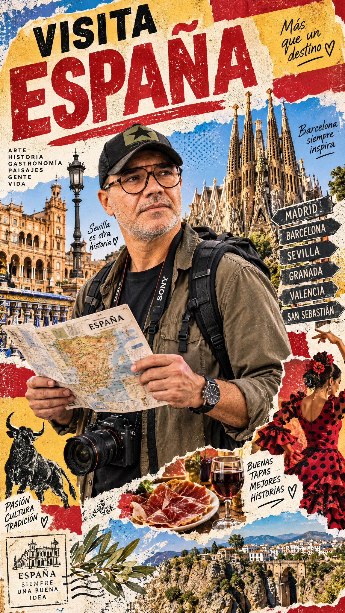 Create a stylized travel poster / graphic collage for ESP...