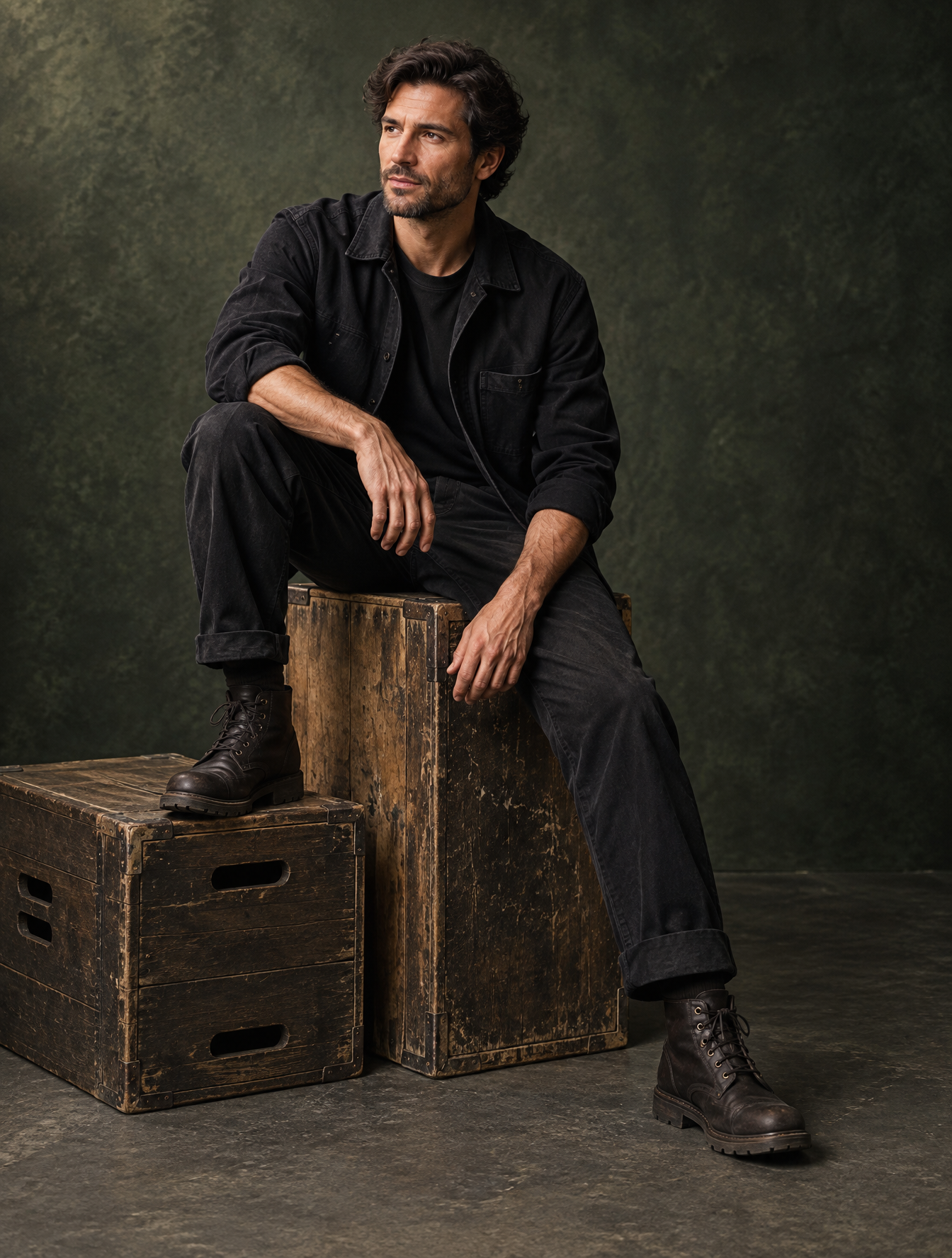 A contemplative adult man sits diagonally on a tall, worn...