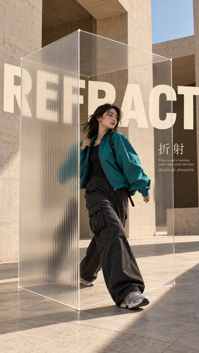 Create a 9:16 experimental fashion editorial poster with ...