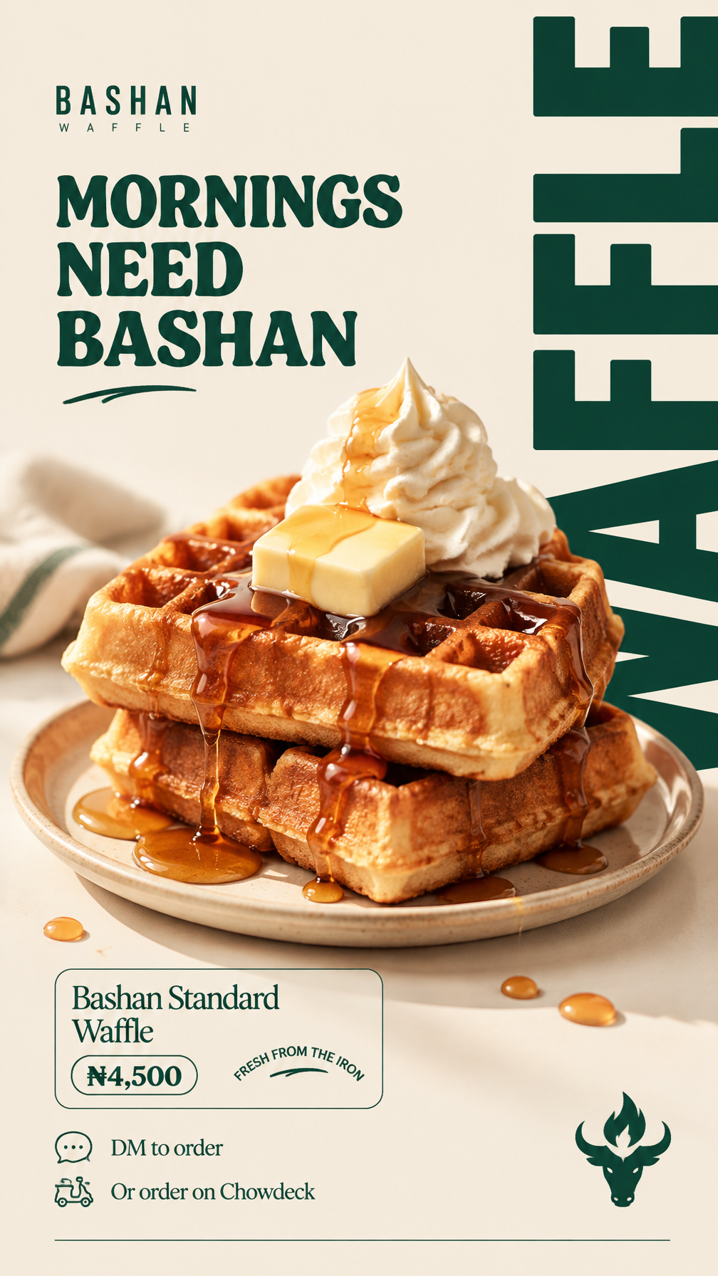 Vertical 9:16 premium food poster for a Lagos waffle bran...