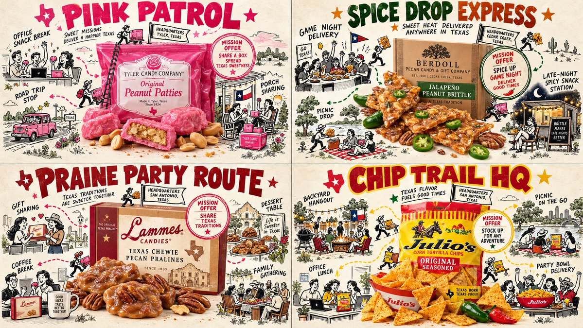 2x2 grid, 16:9, do this for 4 underrated real Texan snack...