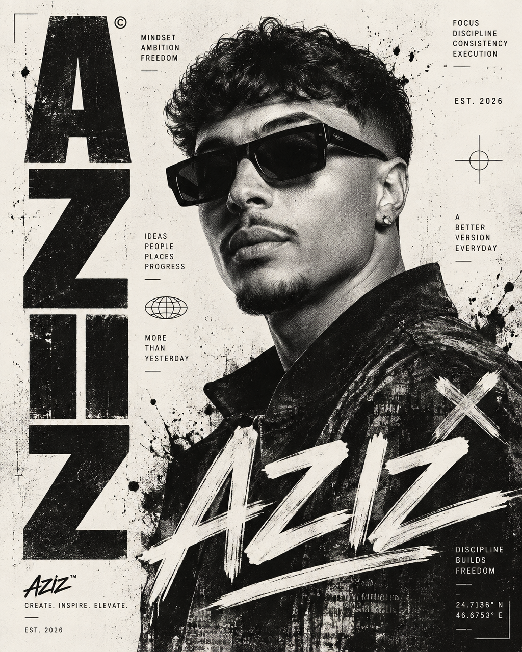 Create a premium monochrome editorial fashion poster feat...