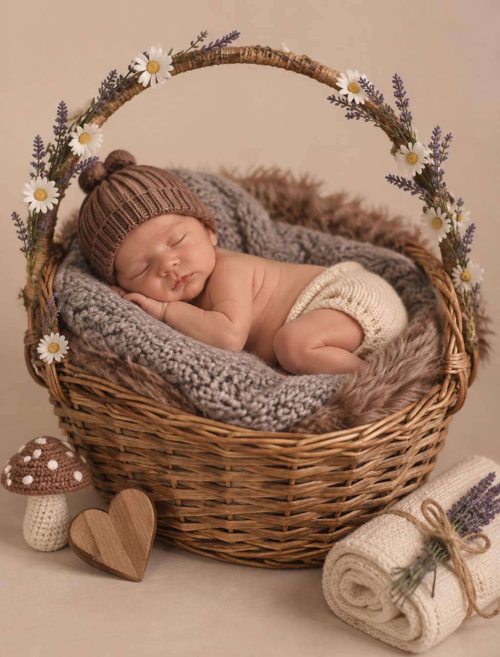 A newborn baby sleeping peacefully inside a rustic woven ...