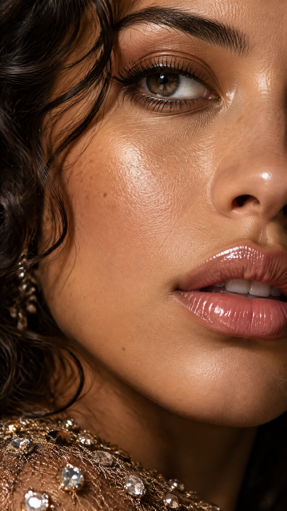 An ultra-close beauty portrait crops tightly around a wom...