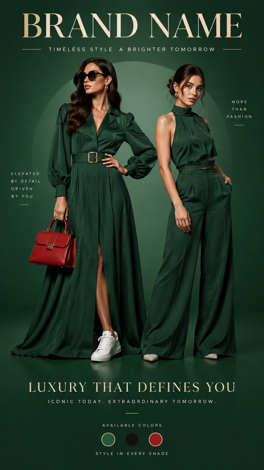 Luxury fashion advertisement poster, deep green backgroun...