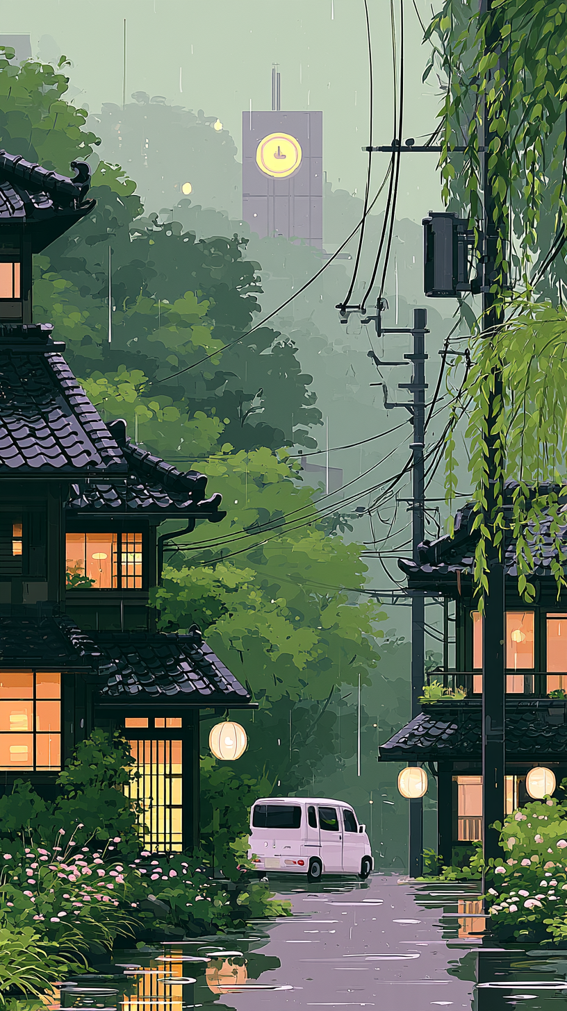 A rain-soaked Japanese hillside neighborhood rises throug... - alternate