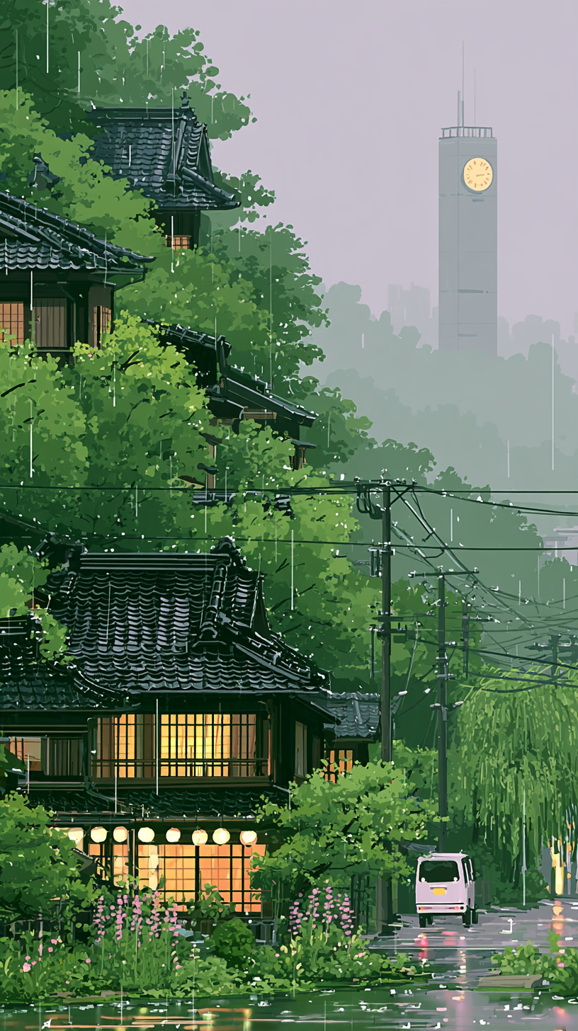 A rain-soaked Japanese hillside neighborhood rises throug... - alternate