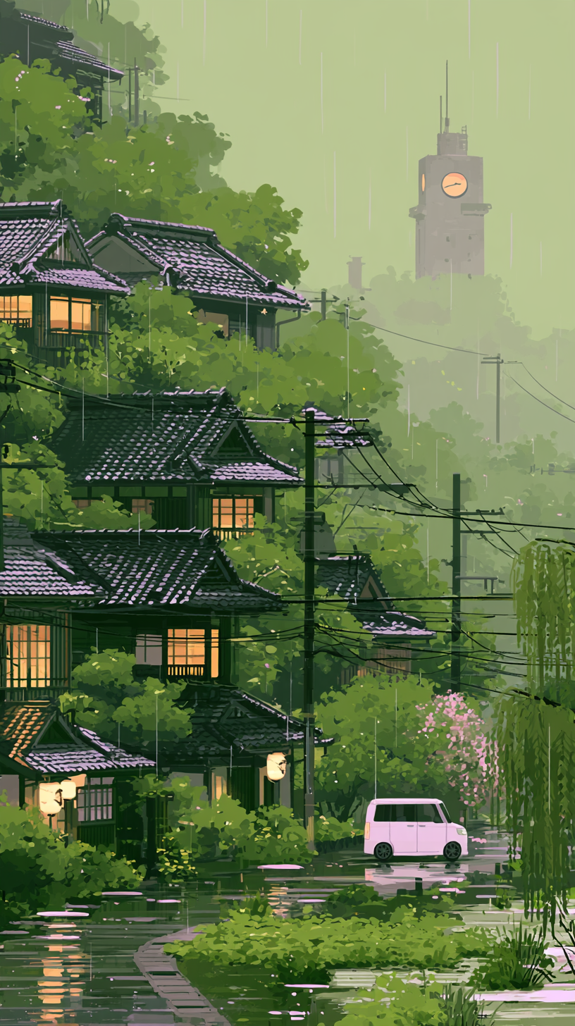 A rain-soaked Japanese hillside neighborhood rises throug... - alternate