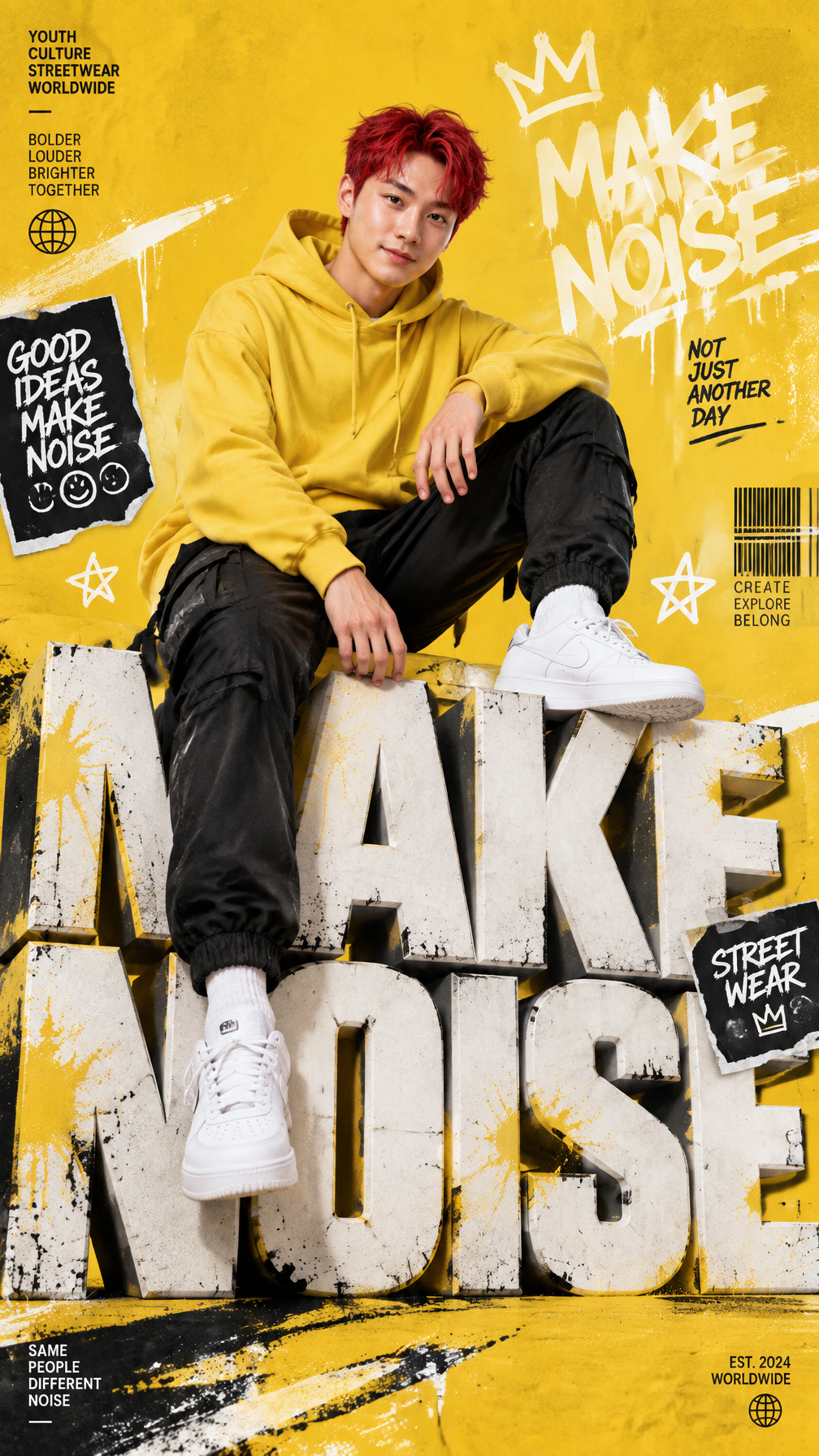 A premium 9:16 streetwear editorial advertising poster.Ma...