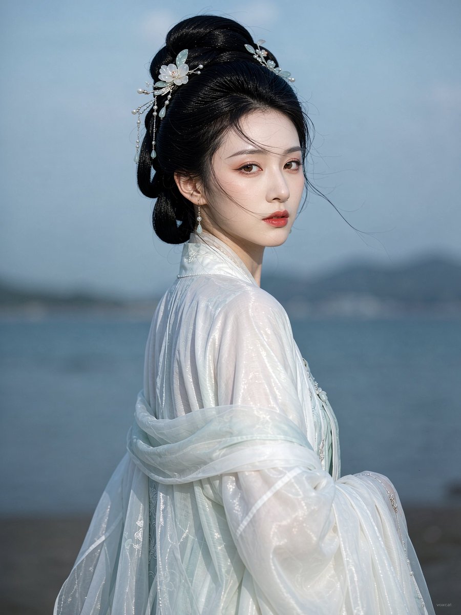 [角色主题]，成年东方女性，真人古风角色写真，半身偏近景，身体轻微侧向画面一侧，肩背朝前，头部自然回转看向镜头，形...