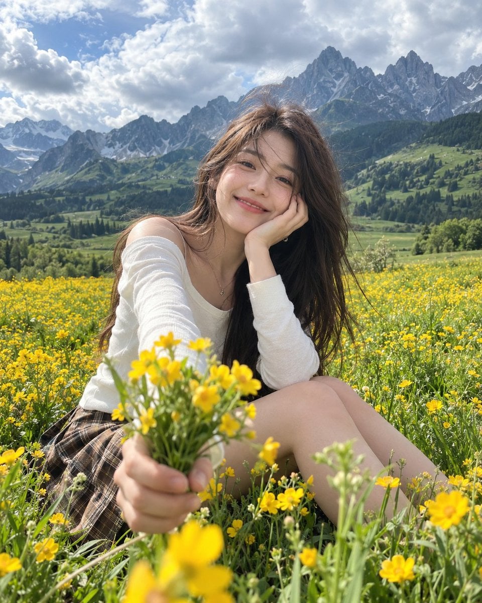 A photorealistic cinematic portrait of a young woman sitt...