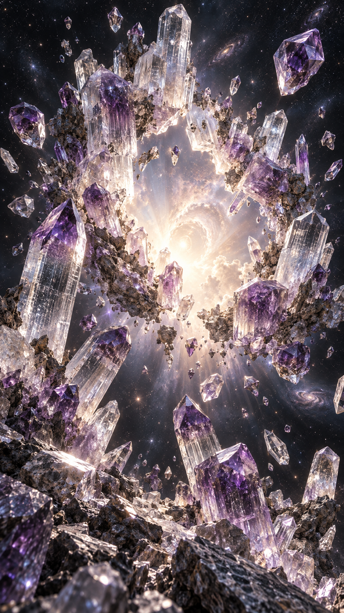 A monumental ring of transparent quartz and violet amethy...
