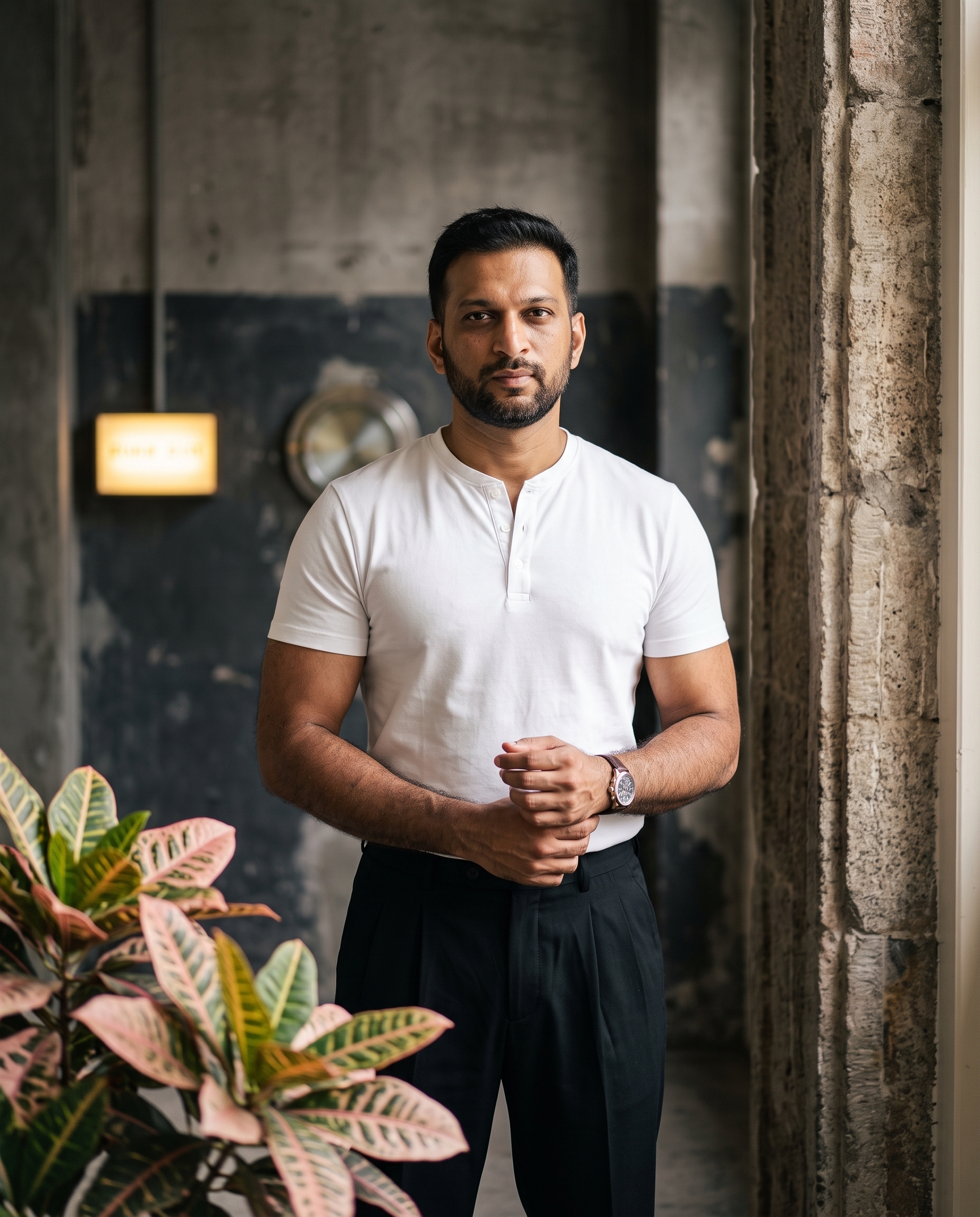 A portrait of a confident, muscular man standing perfectl...
