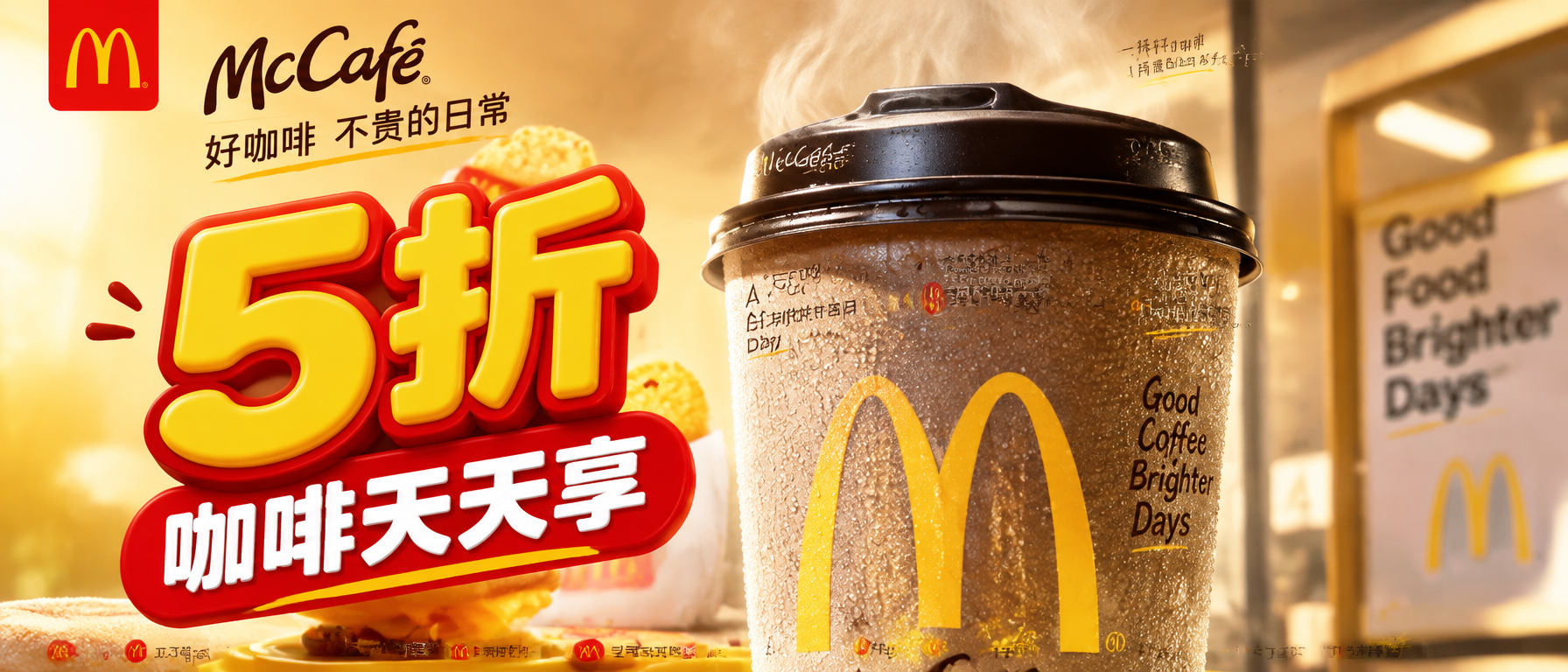 麦当劳 McCafé「咖啡天天5折」【格式】高端快餐连锁社交媒体广告，4:5 竖版，信息流主视觉，咖啡促销广告，4...