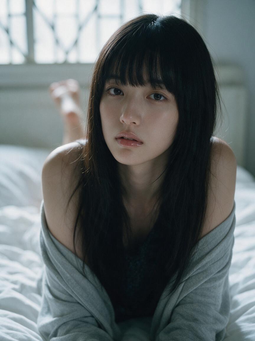 A young woman with long, straight black hair and blunt ba...
