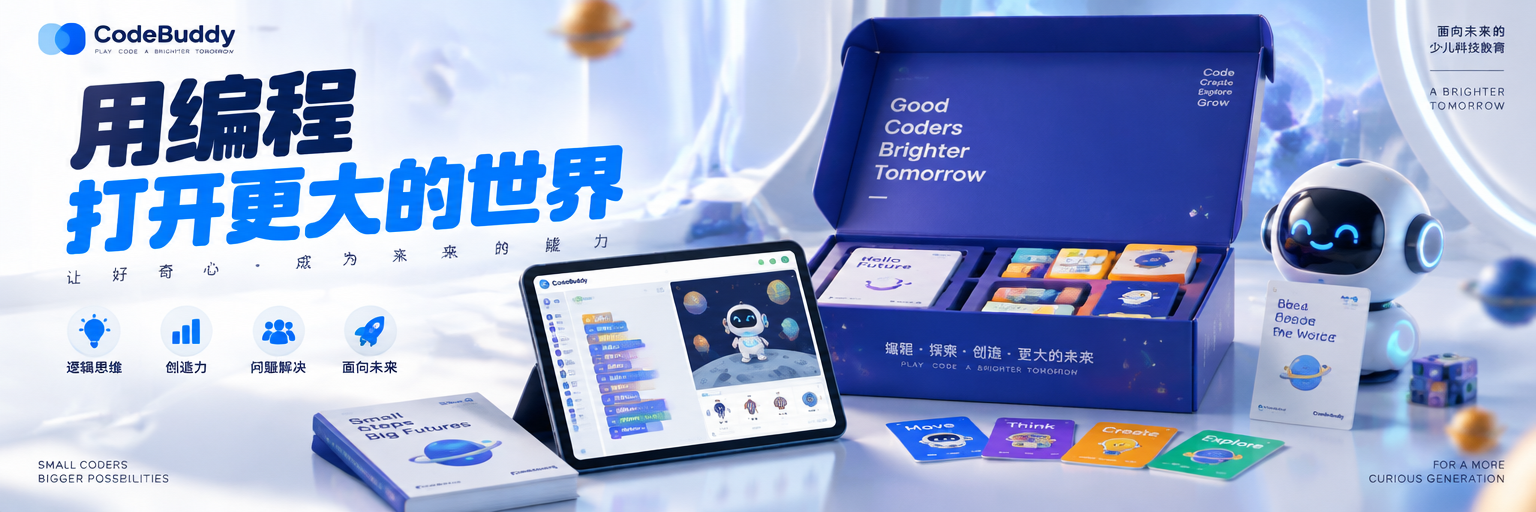 【品牌定位】这不是一张课程海报，而是一场以"未来启蒙"为核心的少儿科技教育战役。产品必须处于"被打开/被探索"的主...
