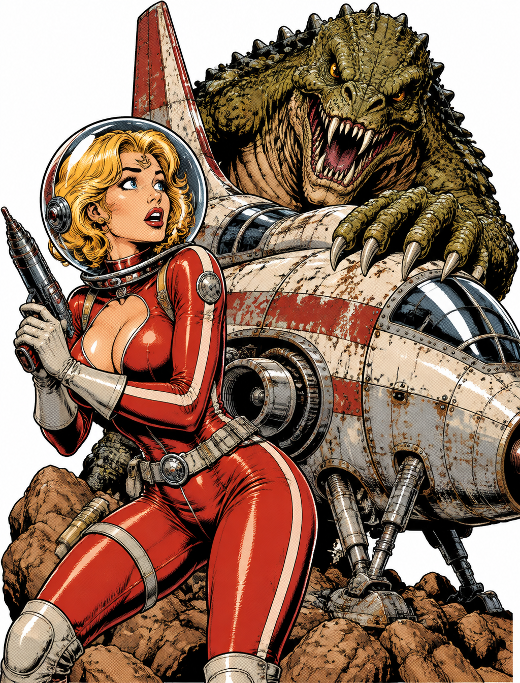 Subject and ActionA girl in super-tight retro spacesuits,...