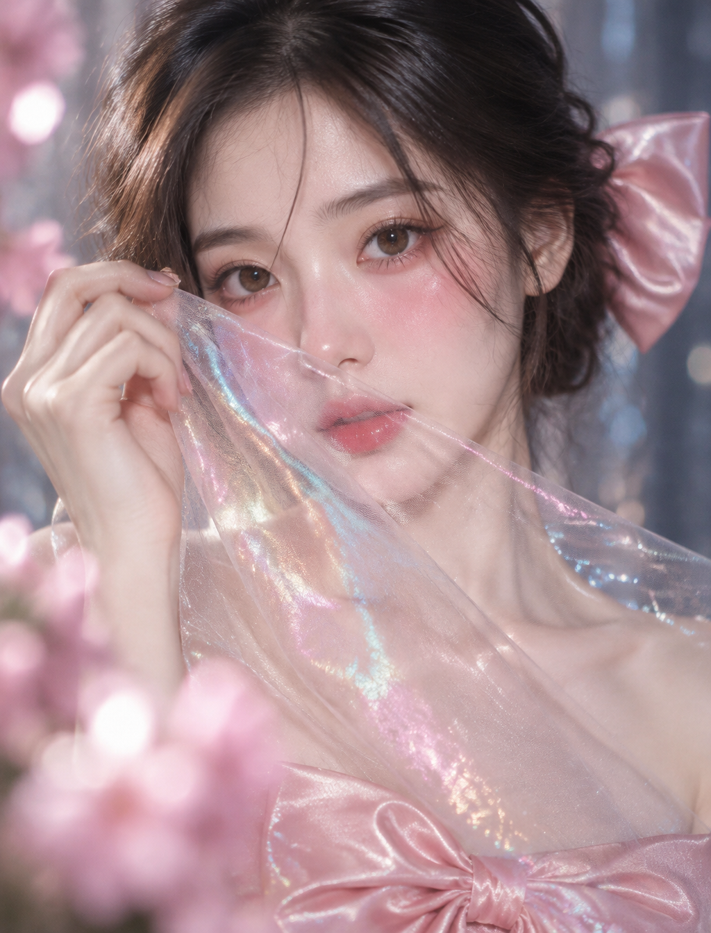 竖构图近景人像，核心是"幻彩薄纱半掩面"的梦幻感。技术关键：薄纱的透明度与虹彩高光（掩面不遮眼）、手指捏纱的自然度...