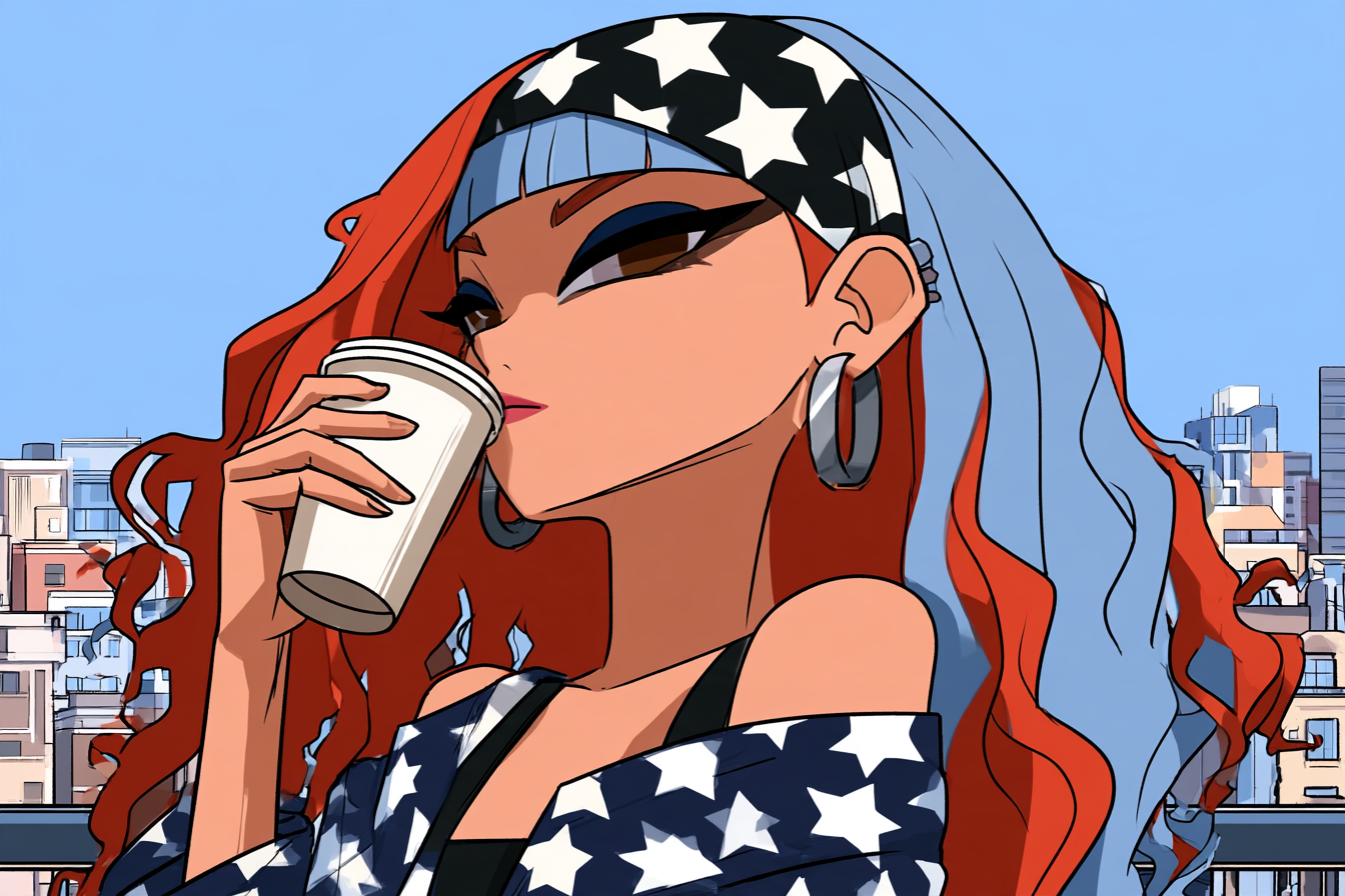 Red-haired girl with curly hair with a cup of coffee on t...