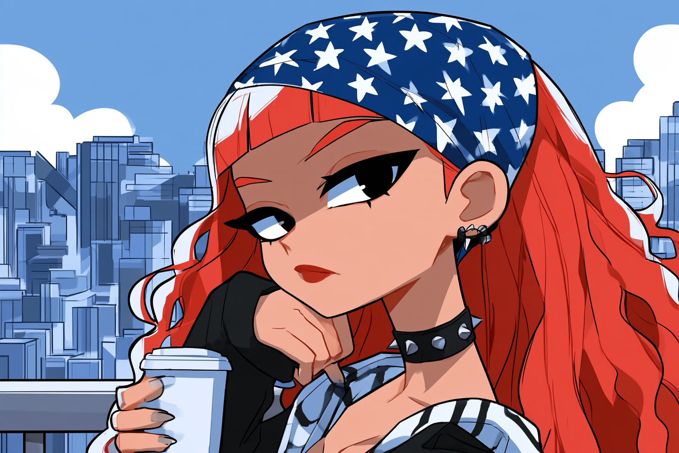 Red-haired girl with curly hair with a cup of coffee on t... - alternate