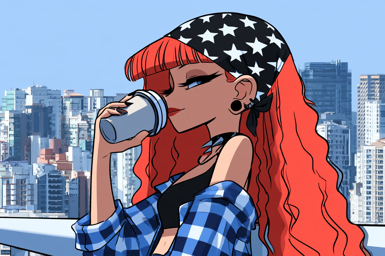 Red-haired girl with curly hair with a cup of coffee on t... - alternate