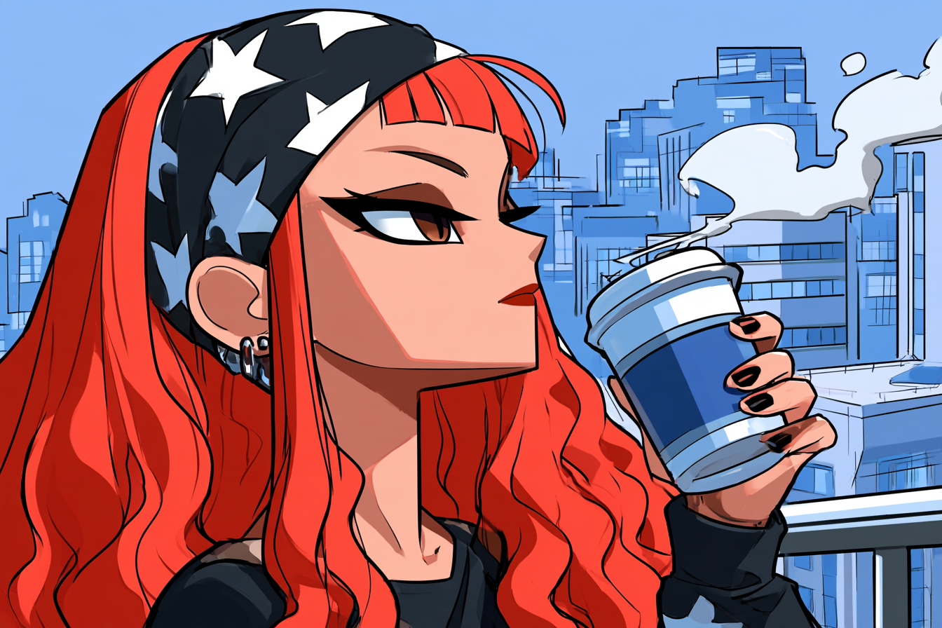 Red-haired girl with curly hair with a cup of coffee on t... - alternate