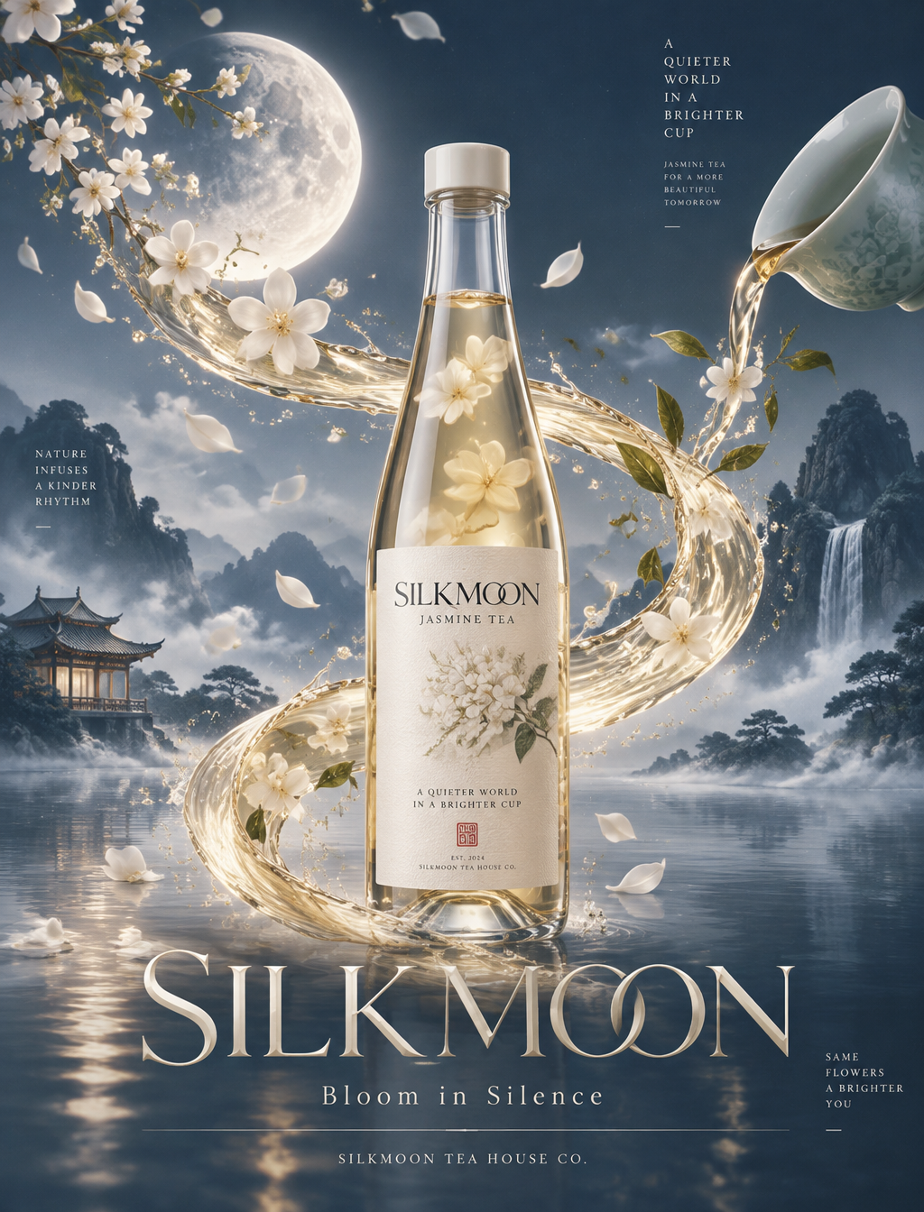 # 第5组:茉莉花茶 "SILKMOON" · 结构化提示词## 一、总体定位为虚构的高端东方花茶品牌 "SILK...