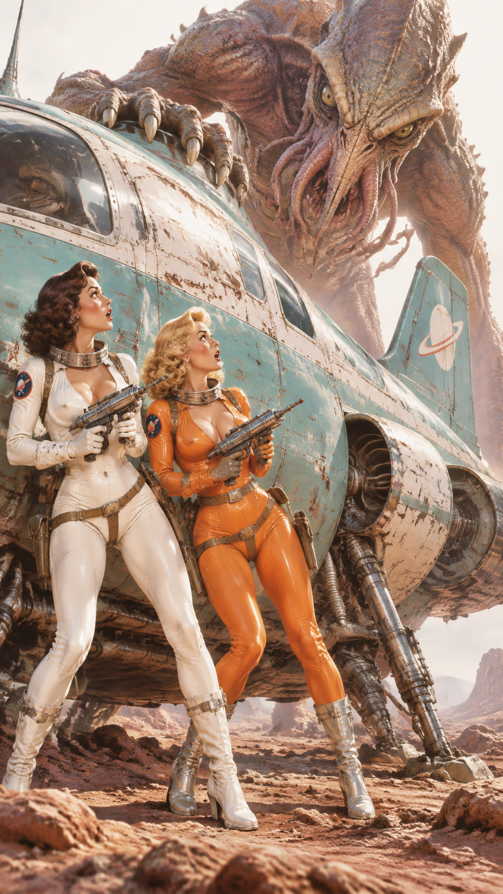 Two girls in super tight vintage retro spacesuits, in whi...