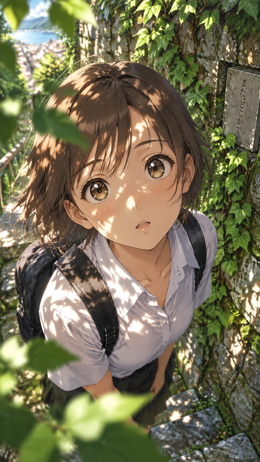 A high-angle, close-up digital anime illustration of a yo...